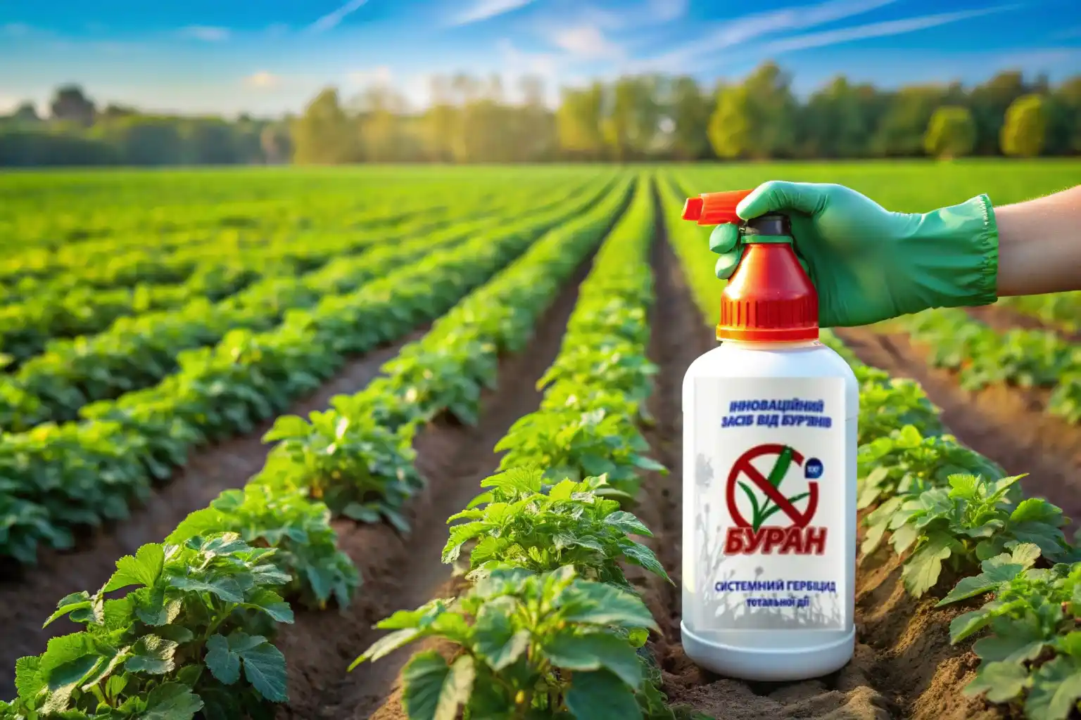 Гербіцид Буран у руці на фоні поля з картоплею, обробленого для боротьби з бур&rsquo;янами